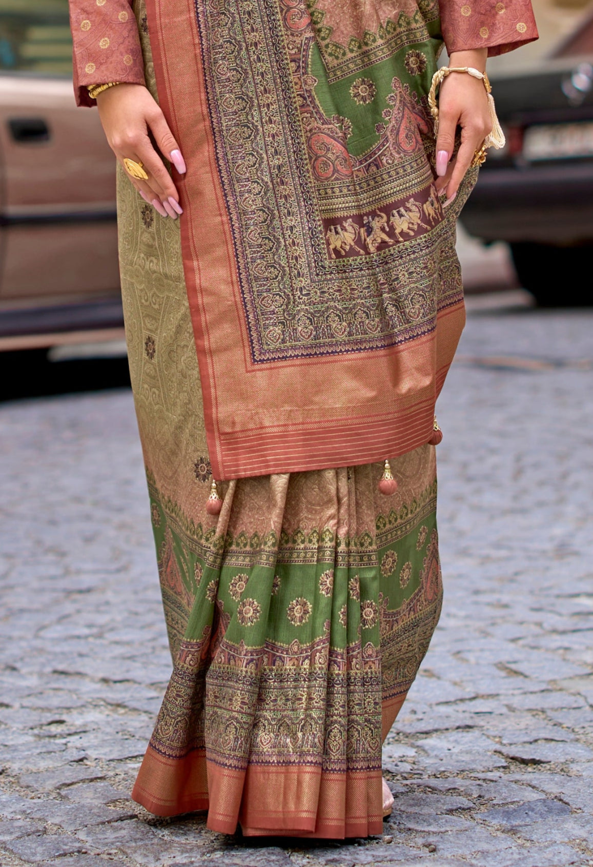 Green & Brown Silk Saree With Exotic Art Printed Border