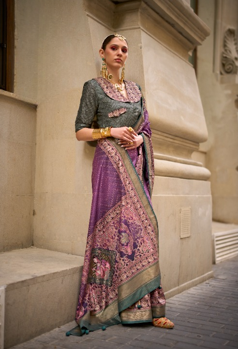 Purple & Grey Silk Saree With Exotic Art Printed Border