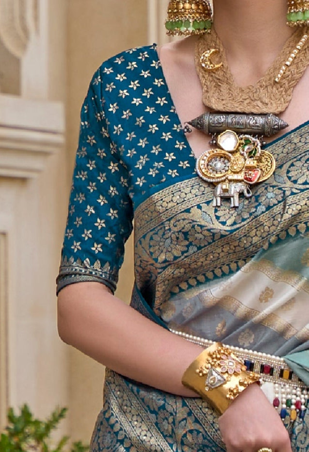 Teal Blue Designer Banarasi Silk Saree