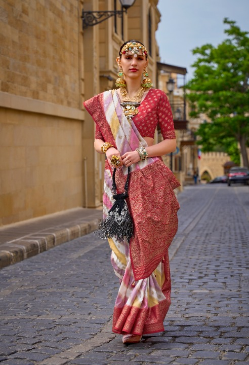 Red Hue Banarasi Silk Saree With Pastel Shaded Stripes