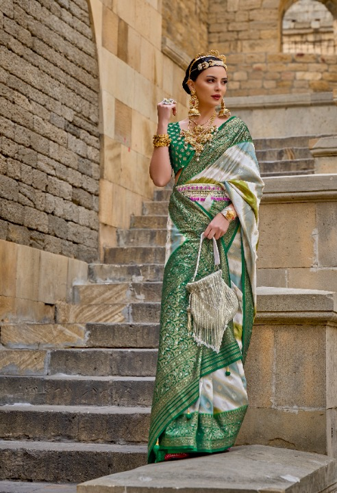 Green Banarasi Silk Saree With Pastel Shaded Stripes