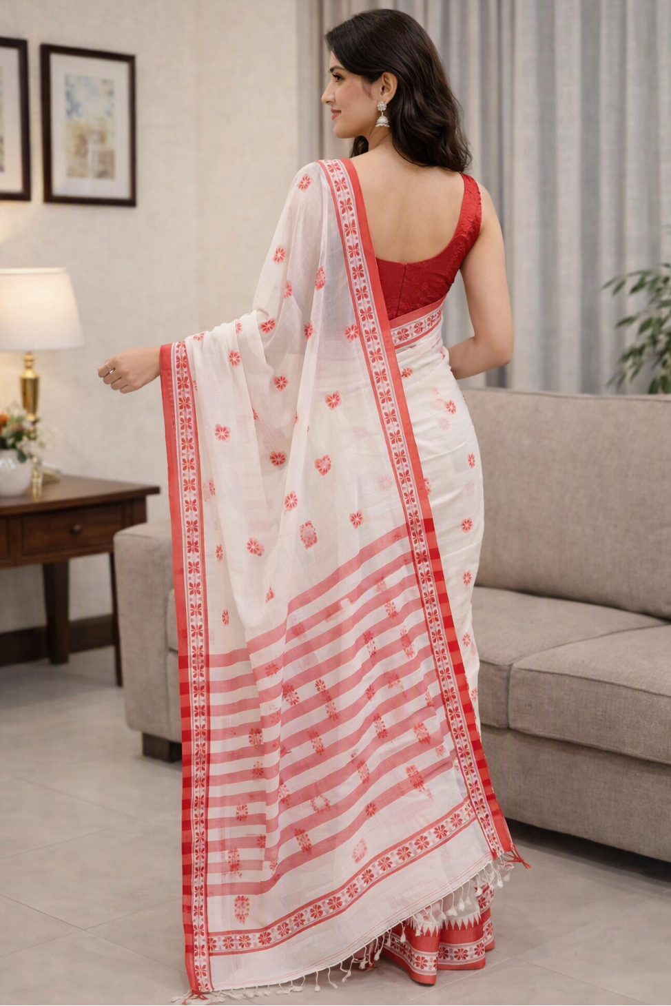 red and white elegent  saree