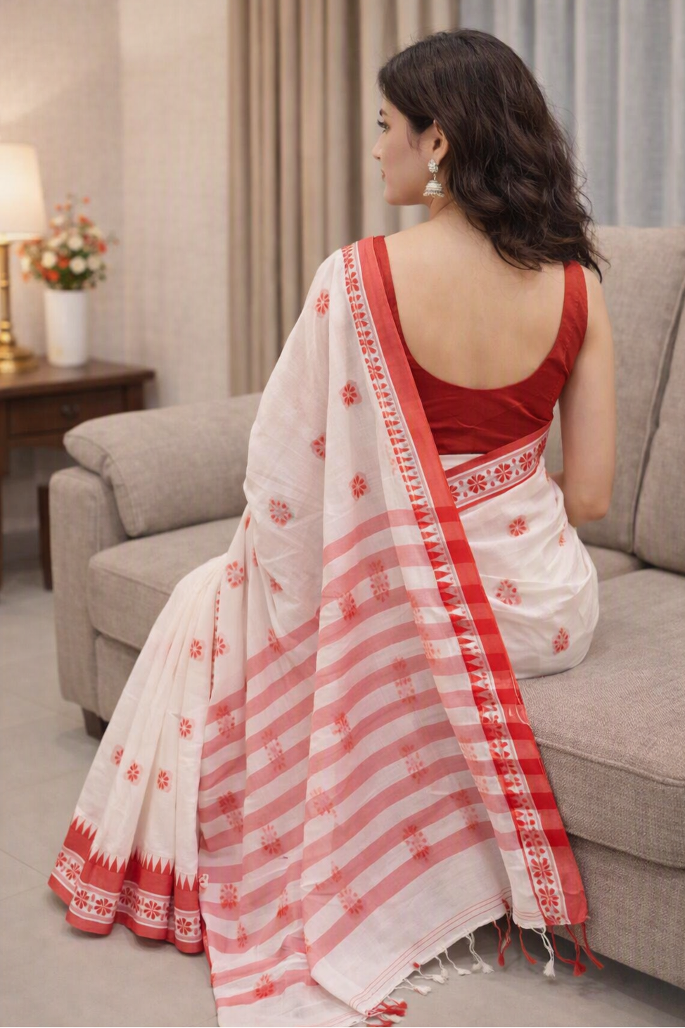 red and white elegent  saree 1