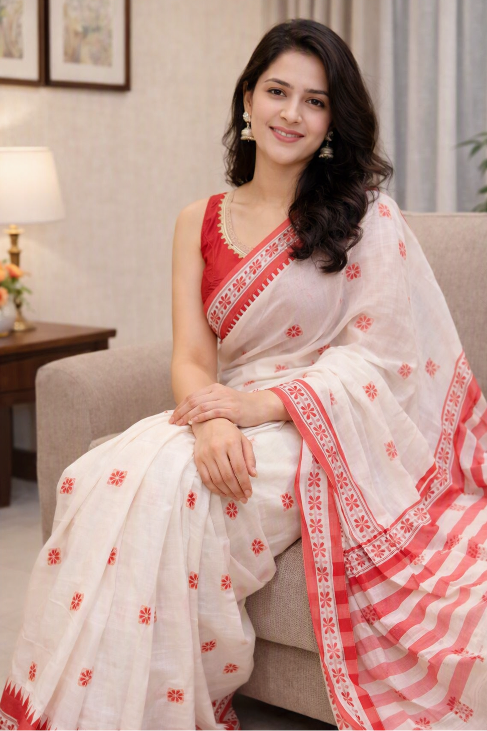 red and white elegent  saree 2
