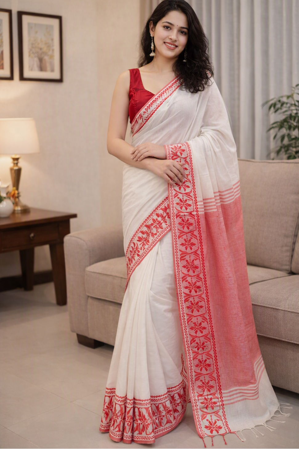red and white saree 