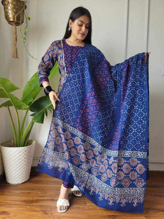 Shop Blue Ajrakh Suit Set Online-STORI
