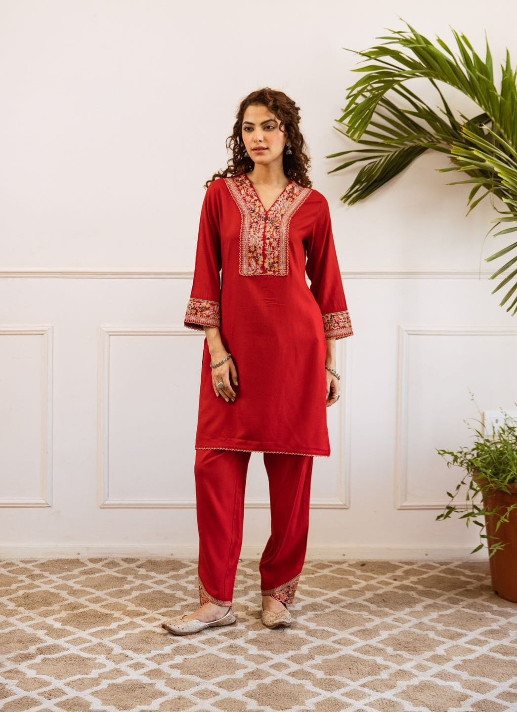 Red Embroidered Coord Set for women