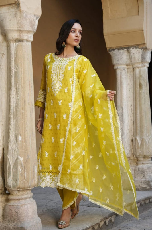 Yellow Designer Schiffili Embroidered Kurti Set
