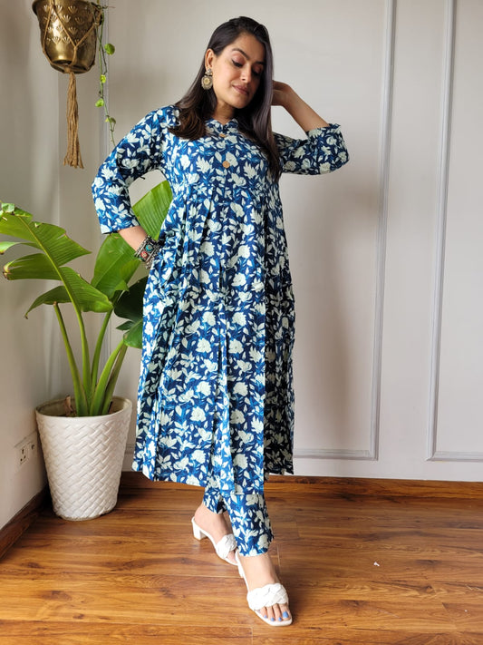 Shop Blue Nyra Cut Cotton Kurti Set