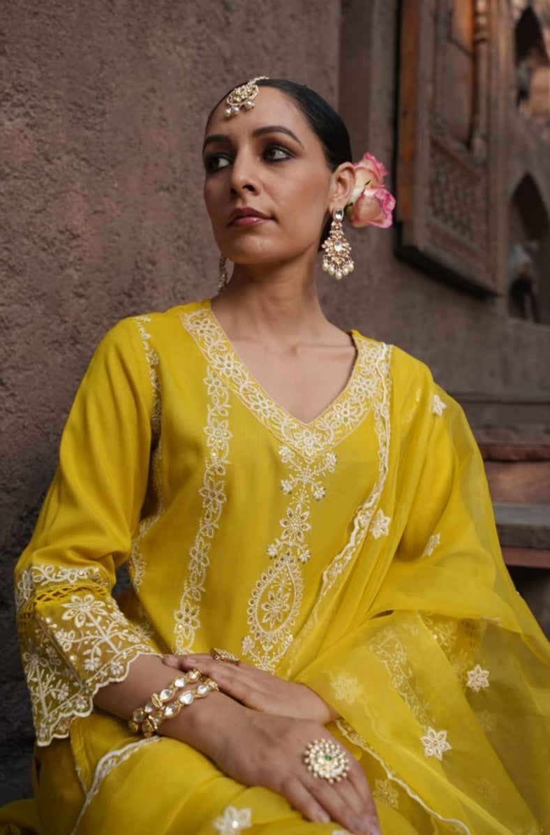Cadmium Yellow Schiffili Embroidered Three Piece Salwar Suit Set