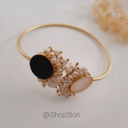 Pink Black  Nandini Raw Stone Half Pearls Bracelet