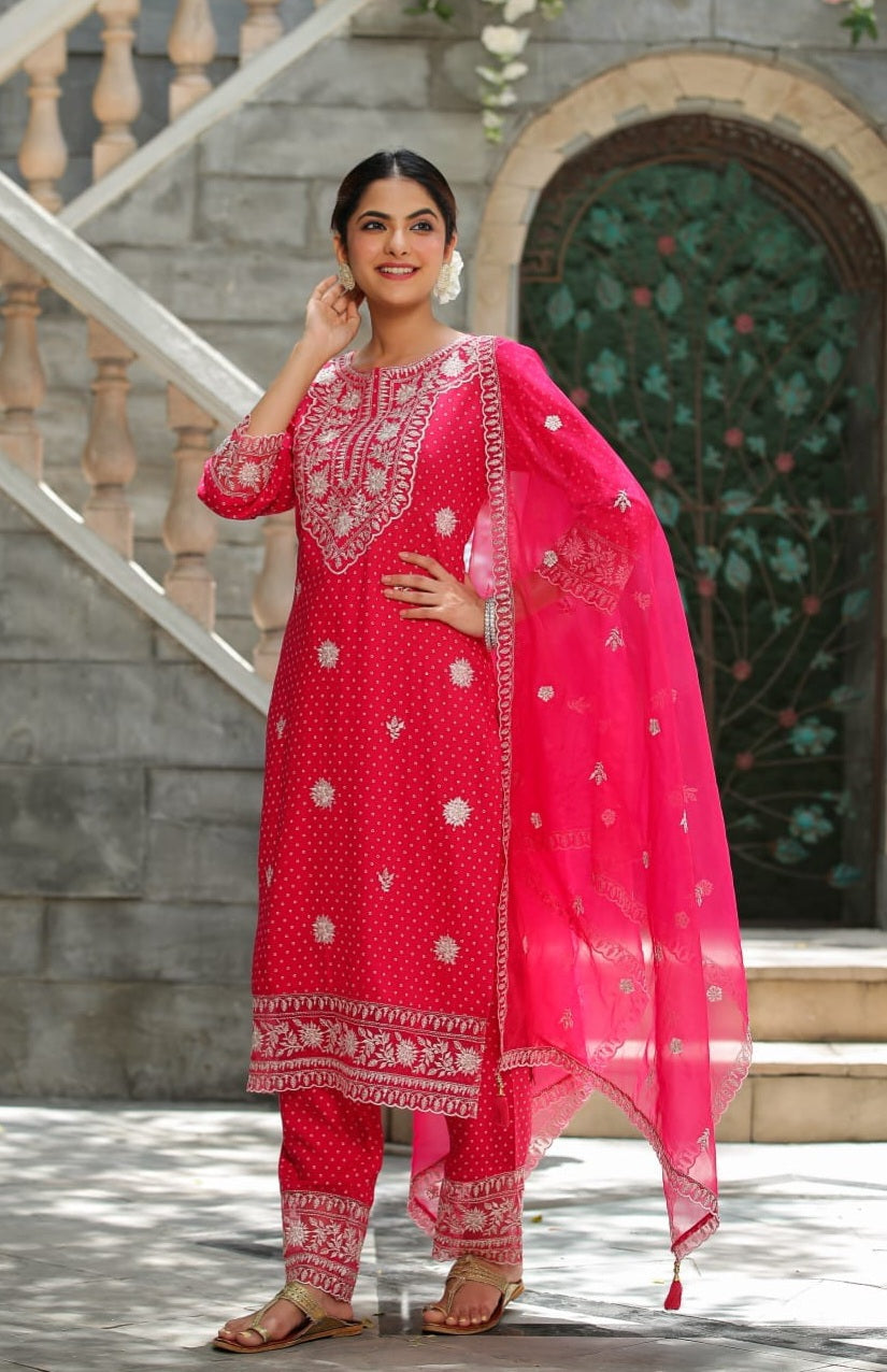 Pink Suit Set With Organza Dupatta