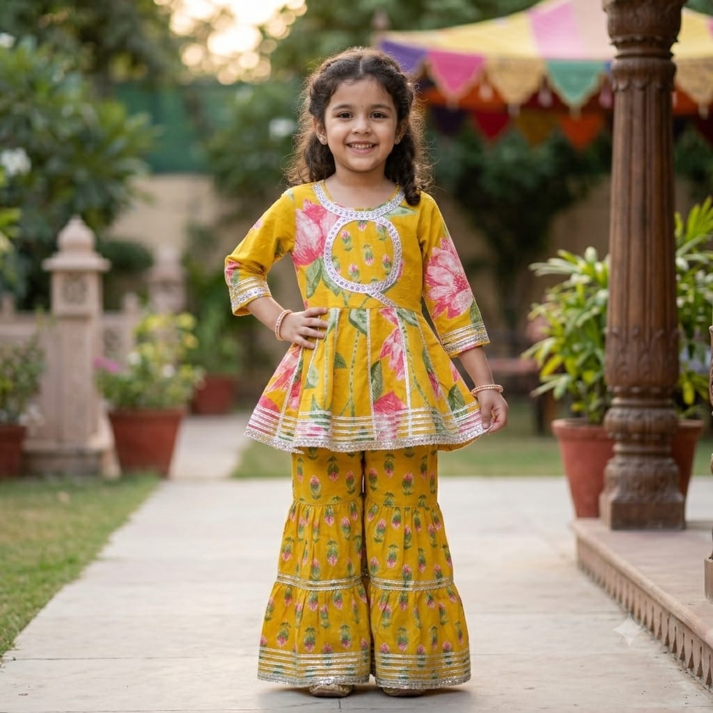 Lotus Prints Yellow Sharara Set for Girls