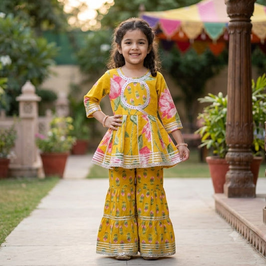Lotus Prints Yellow Sharara Set for Girls