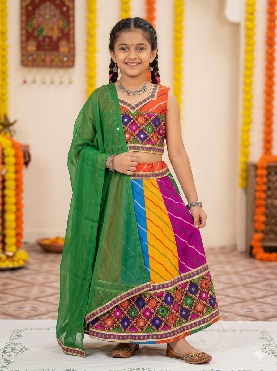 Multicolor Lehenga Choli with Dupatta for Girls