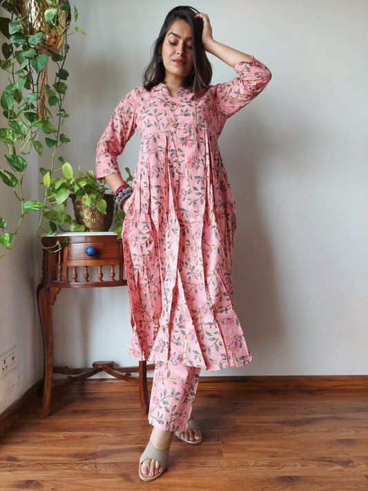 Shop Peach Nyra Cut Cotton Kurti Set
