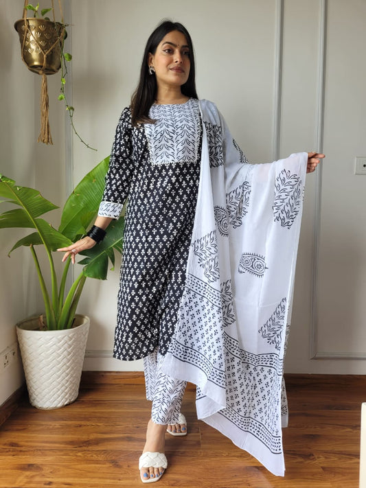Black & White Cotton Printed Straight Suit Set
