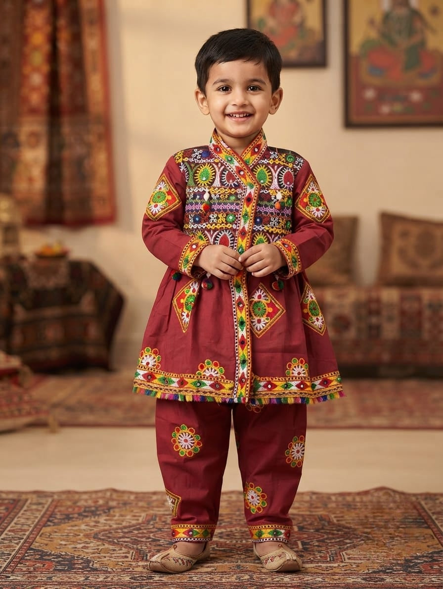 Traditional Red Gujarati Kedia Dress for Boys