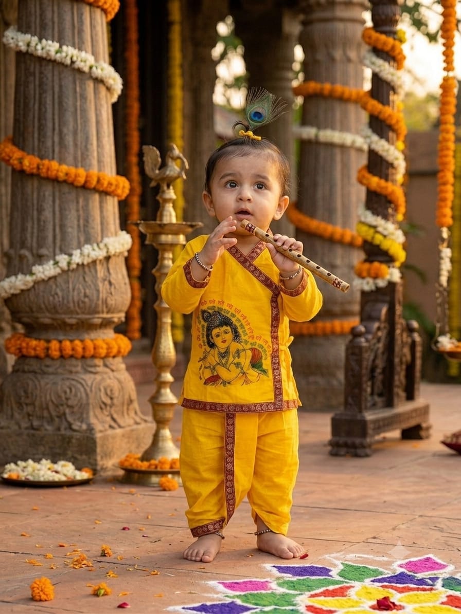 A toddler stands barefoot in a decorated temple courtyard, holding a flute. The child is wearing a bright yellow traditional outfit with a printed graphic on the front and brown patterned trim.