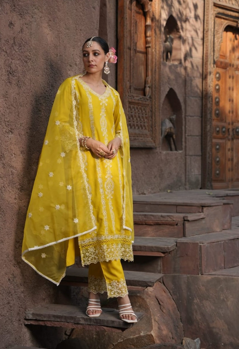 Cadmium Yellow Schiffili Embroidered Three Piece Salwar Suit Set