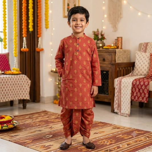 Maroon 2-Piece Dhoti Kurta Set in Cotton for Boys