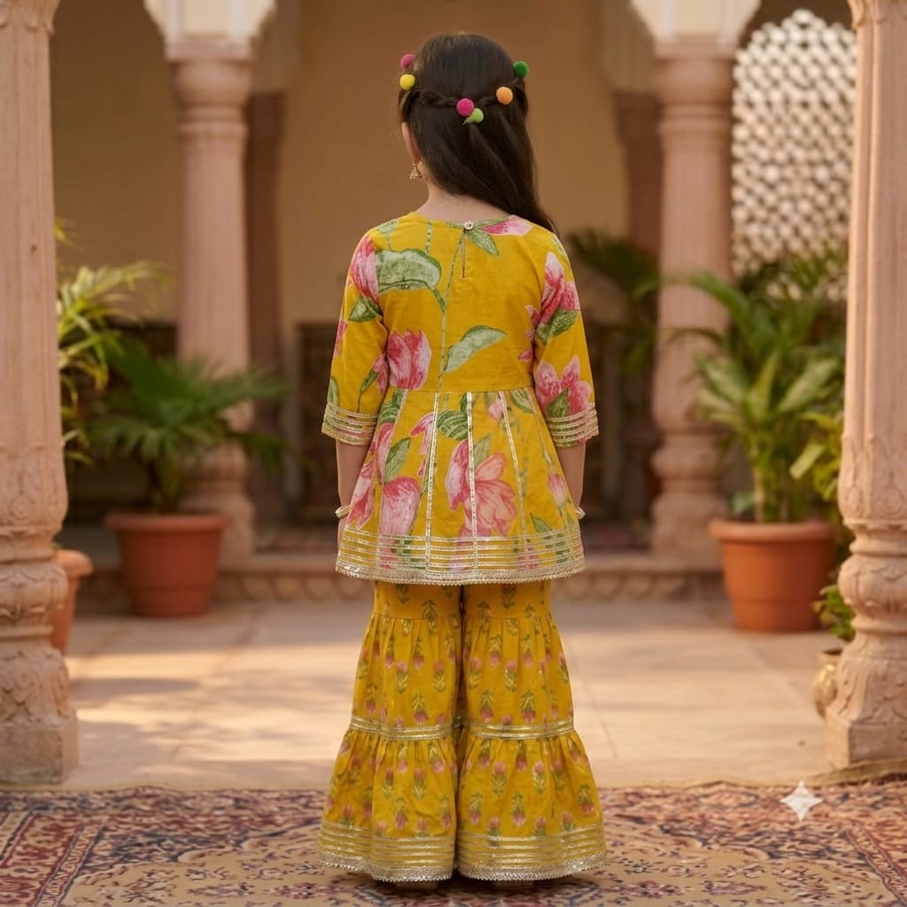 Lotus Prints Yellow Sharara Set for Girls