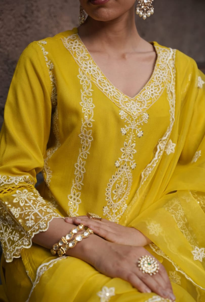 Cadmium Yellow Schiffili Embroidered Three Piece Salwar Suit Set