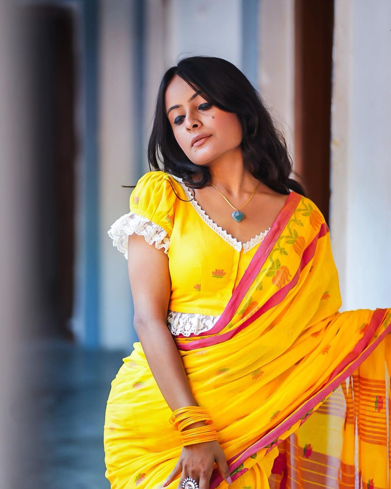 Turmeric Yellow Lotus Handloom Cotton Saree