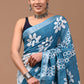 White & sky Blue Linen Saree With Silver Zari Border