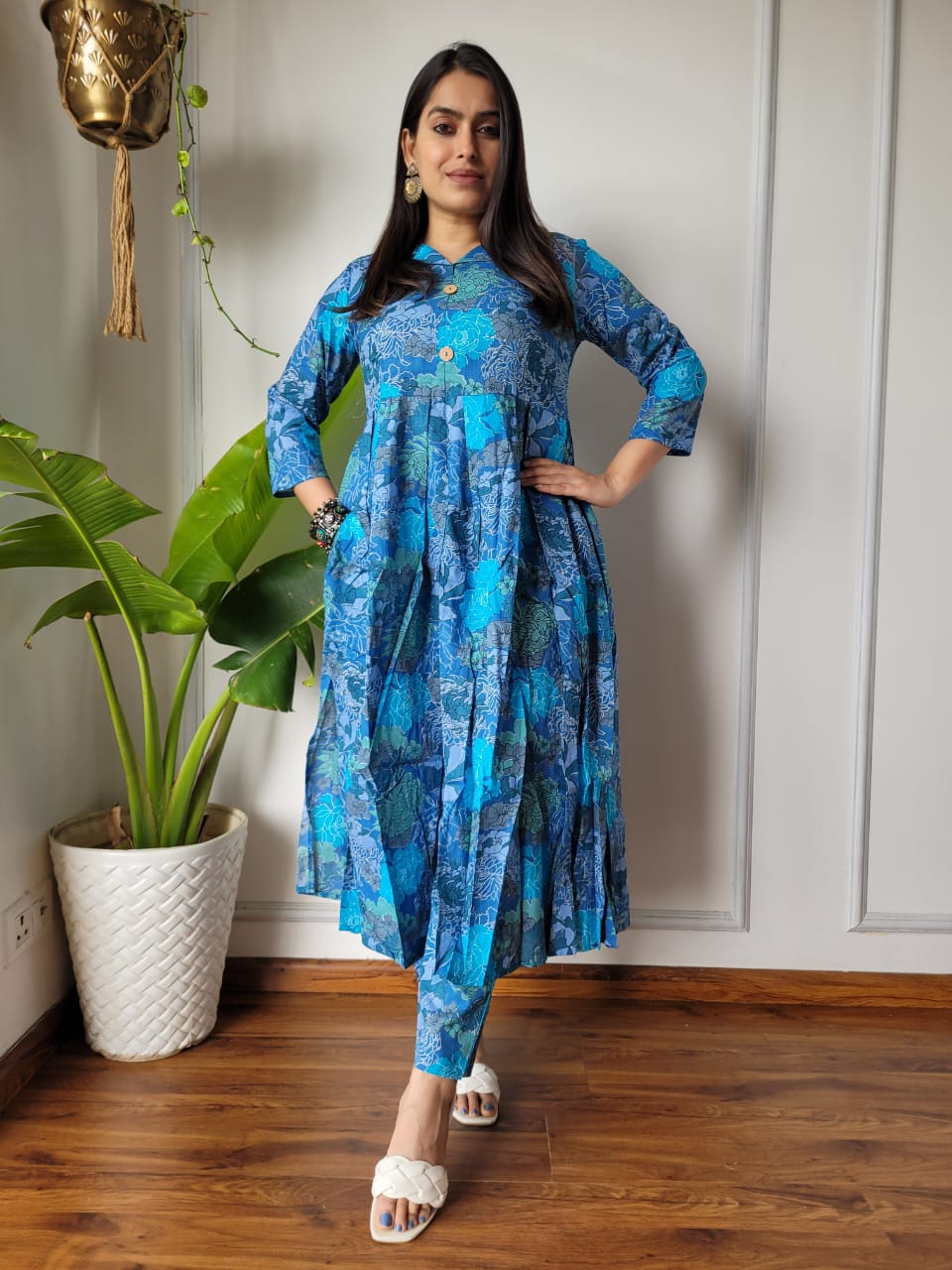 Shop Blue Nyra Cut Cotton Kurti Set