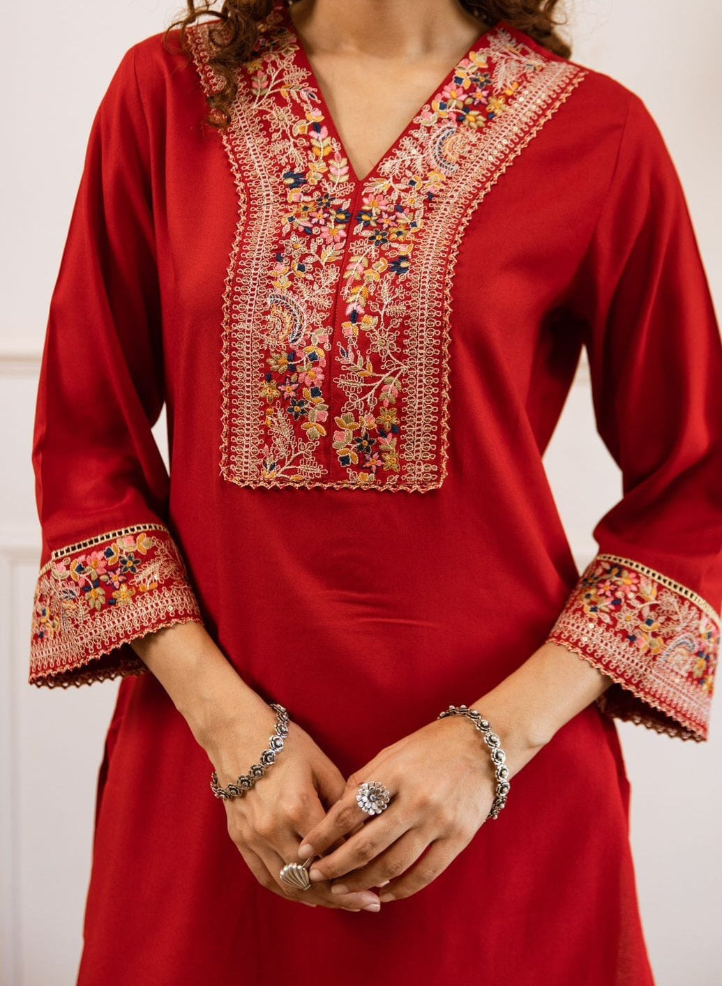 Red Embroidered Coord Set for women