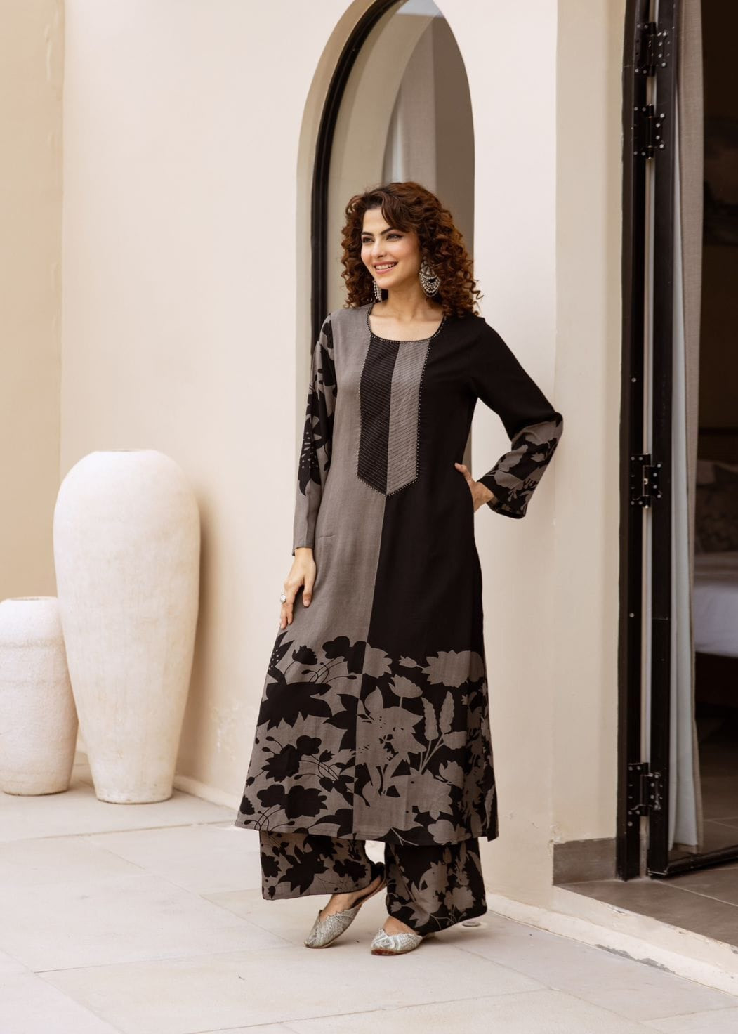 STORI Grey & Black Coord Set for Women