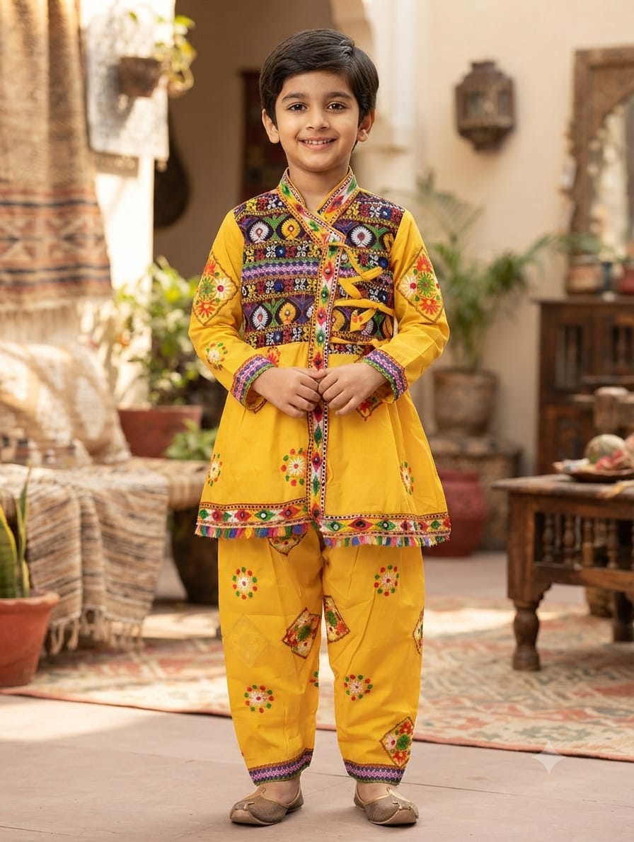 Traditional Yellow Gujarati Kedia Dress for Boys