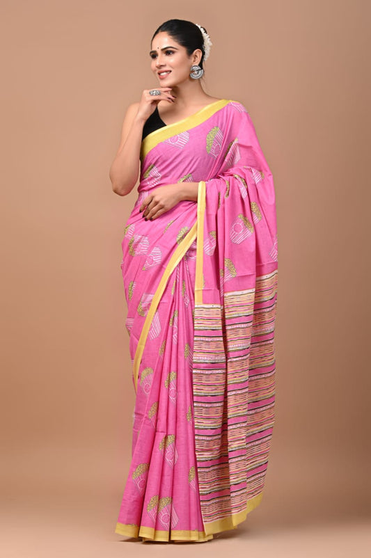 Pink Popcorn Handloom Cotton Mulmul Saree