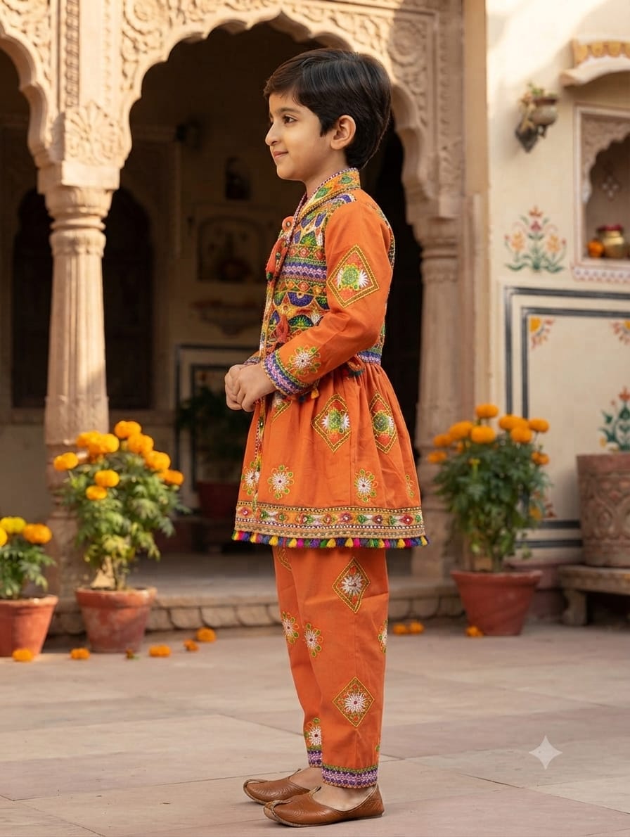 Traditional Orange Gujarati Kedia Dress for Boys