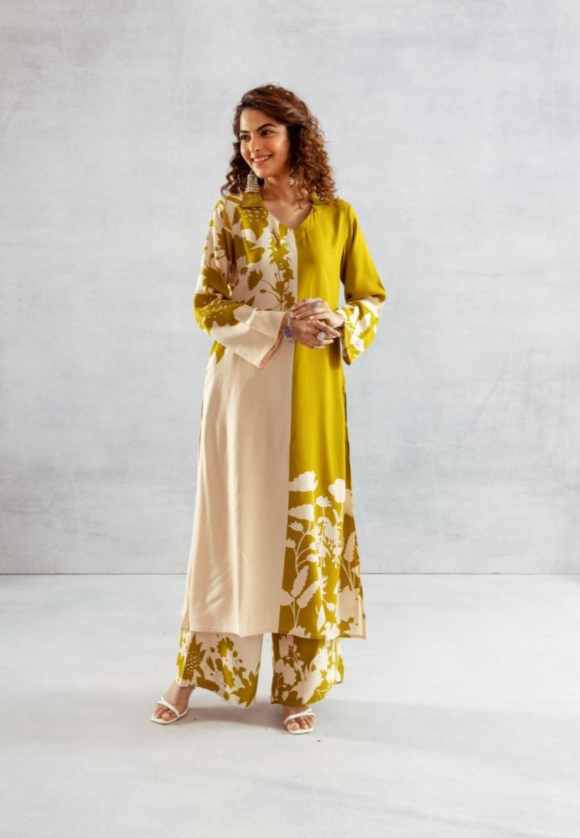 STORI Olive Green & Cream Coord Set for Women