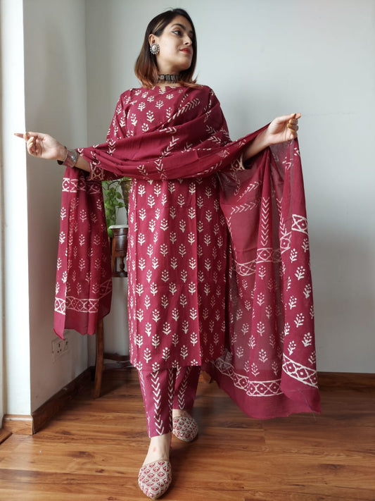 Brown Cotton Printed Straight Suit Set