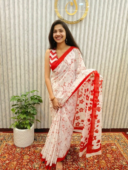 Red & White STORI Saree Floral Printed Cotton Mulmul Saree
