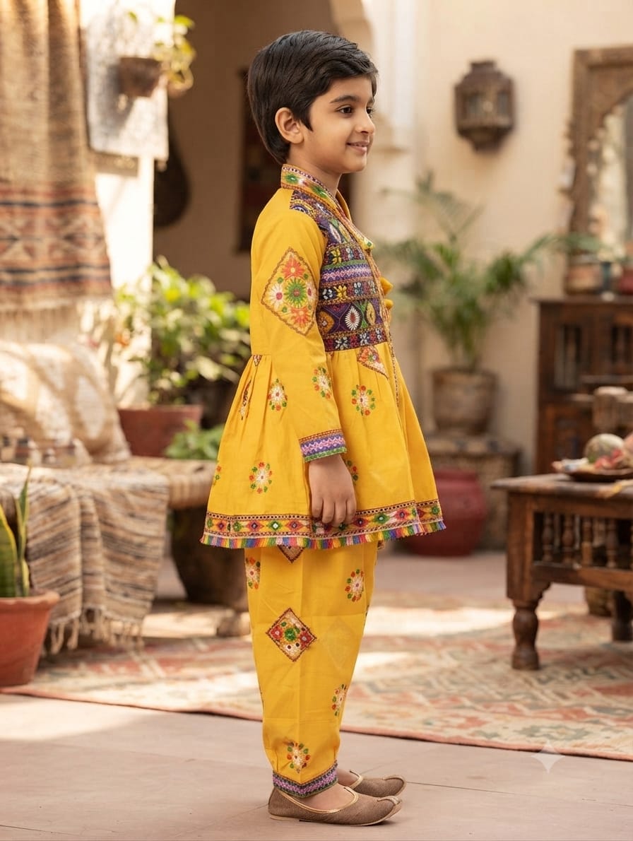 Traditional Yellow Gujarati Kedia Dress for Boys