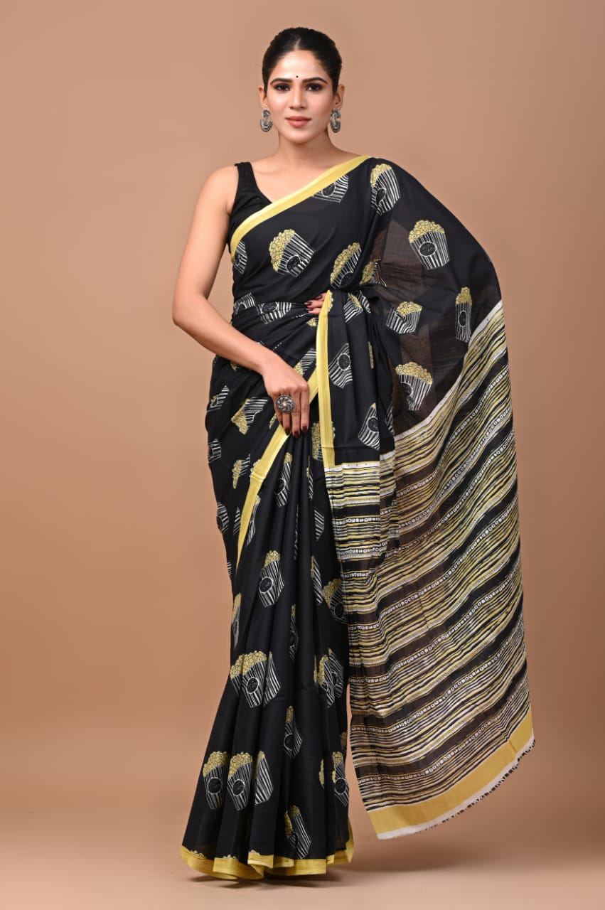 Black Popcorn Handloom Cotton Mulmul Saree