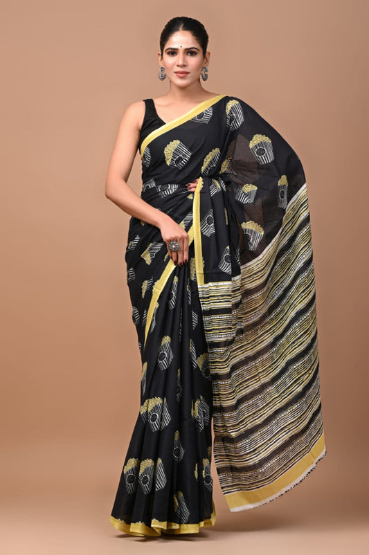 Black Popcorn Handloom Cotton Mulmul Saree