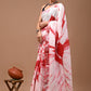 Red & White Linen Saree With Silver Zari Border