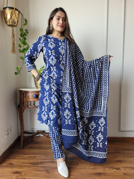 Blue Cotton Printed Straight Suit Set
