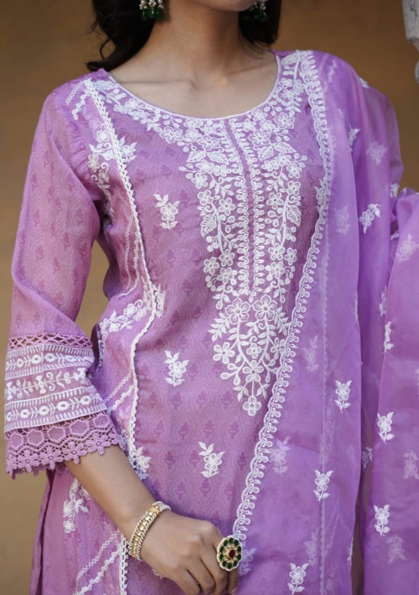Lavendar Designer Schiffili Embroidered Kurti Set
