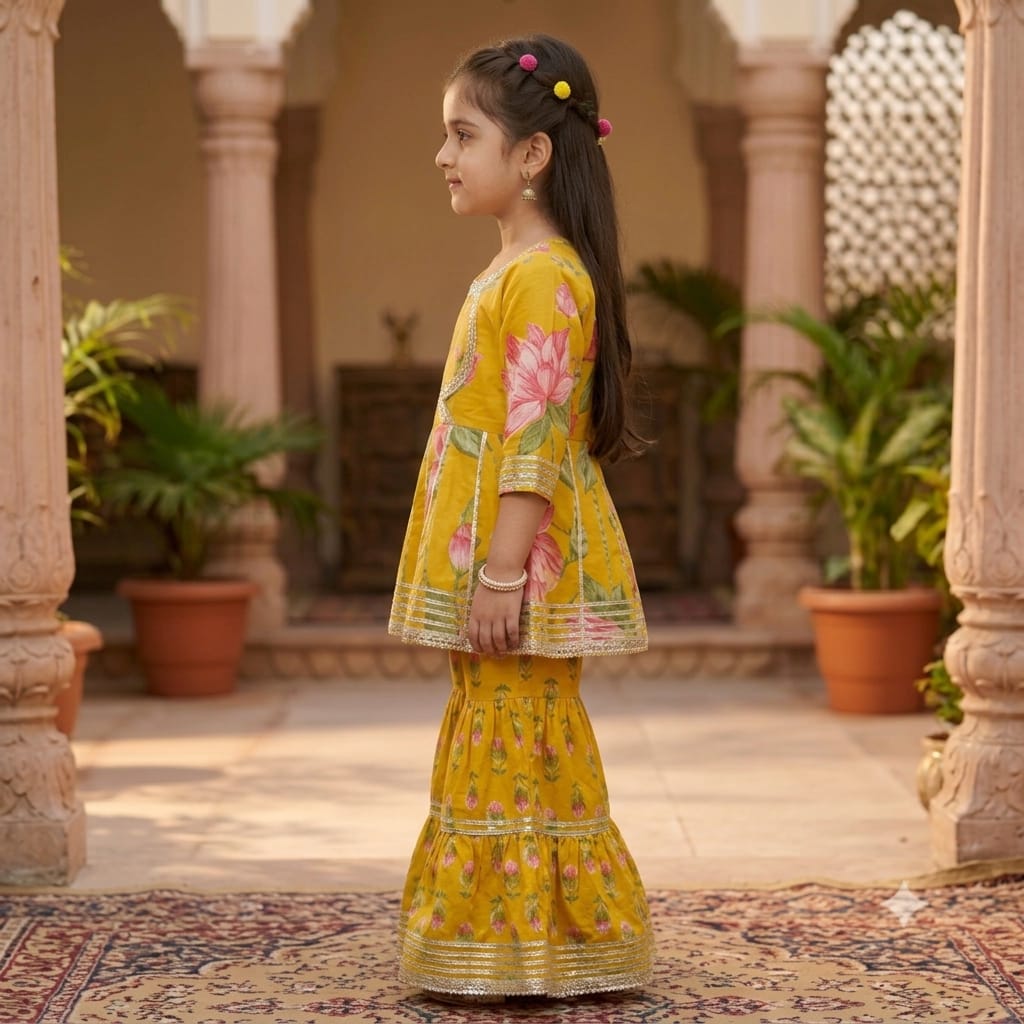 Lotus Prints Yellow Sharara Set for Girls