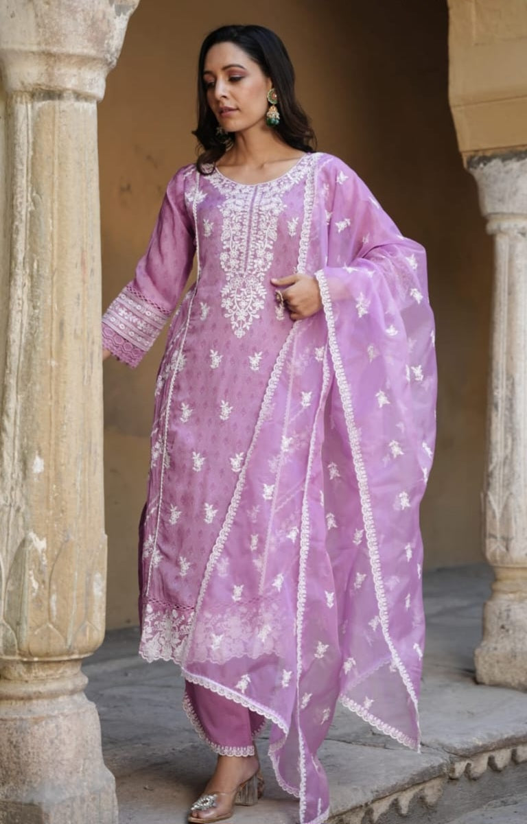 Lavendar Designer Schiffili Embroidered Kurti Set