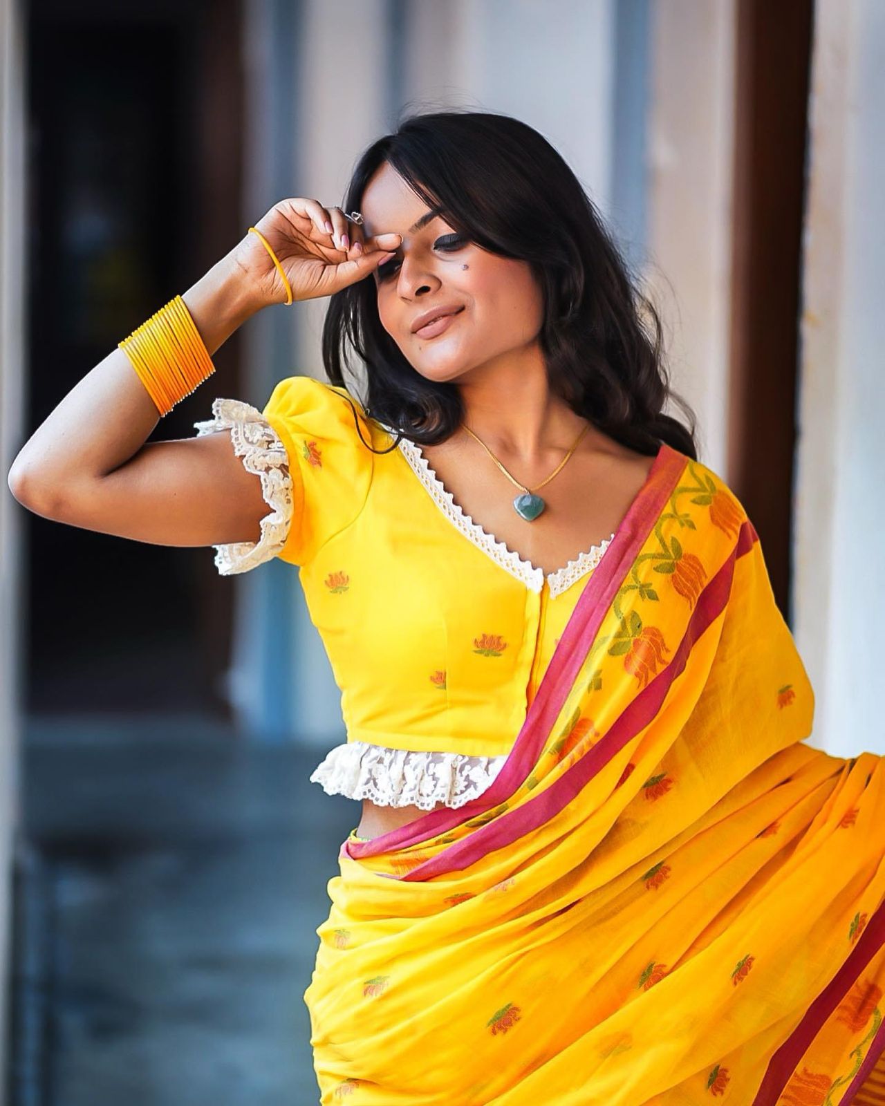 Turmeric Yellow Lotus Handloom Cotton Saree