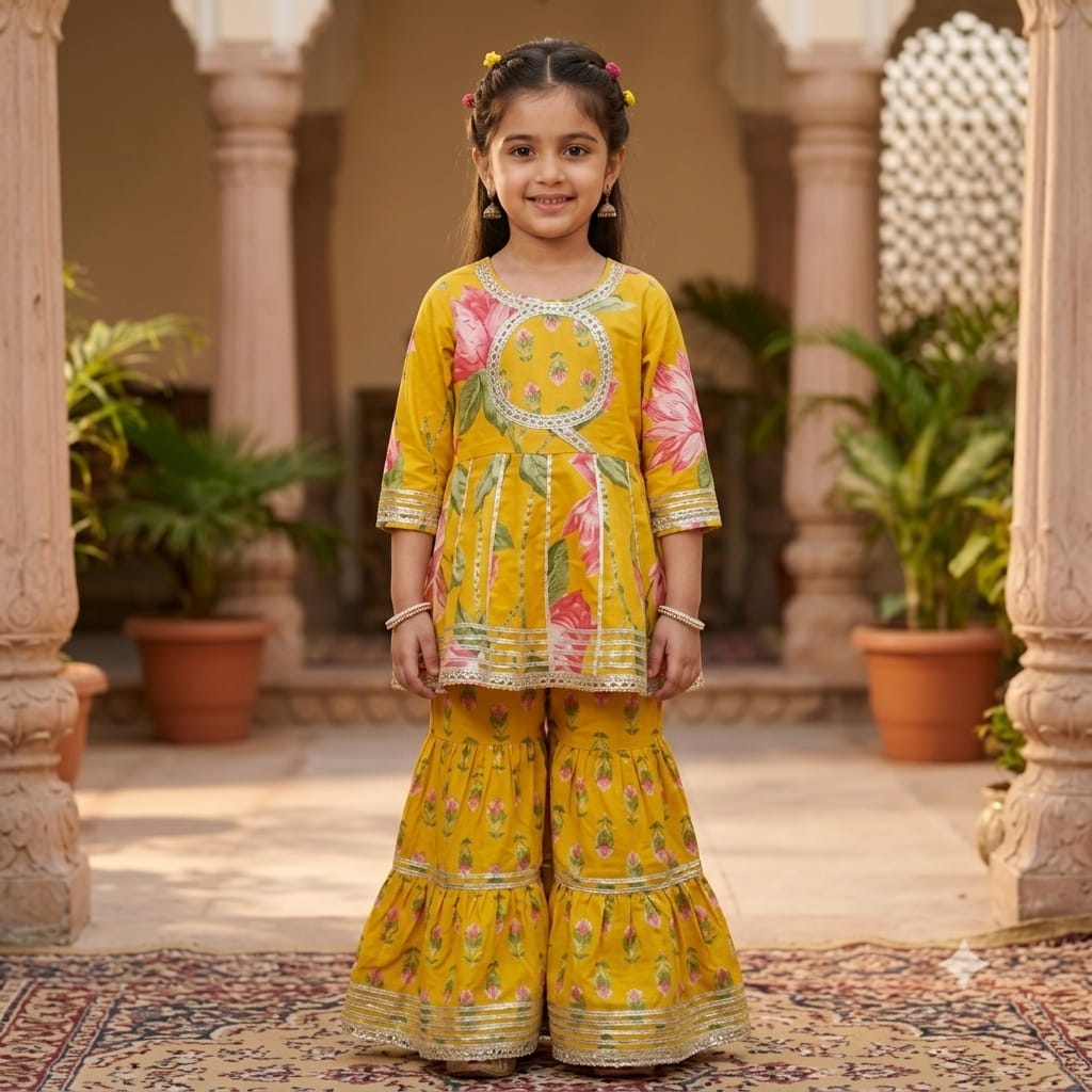 Lotus Prints Yellow Sharara Set for Girls