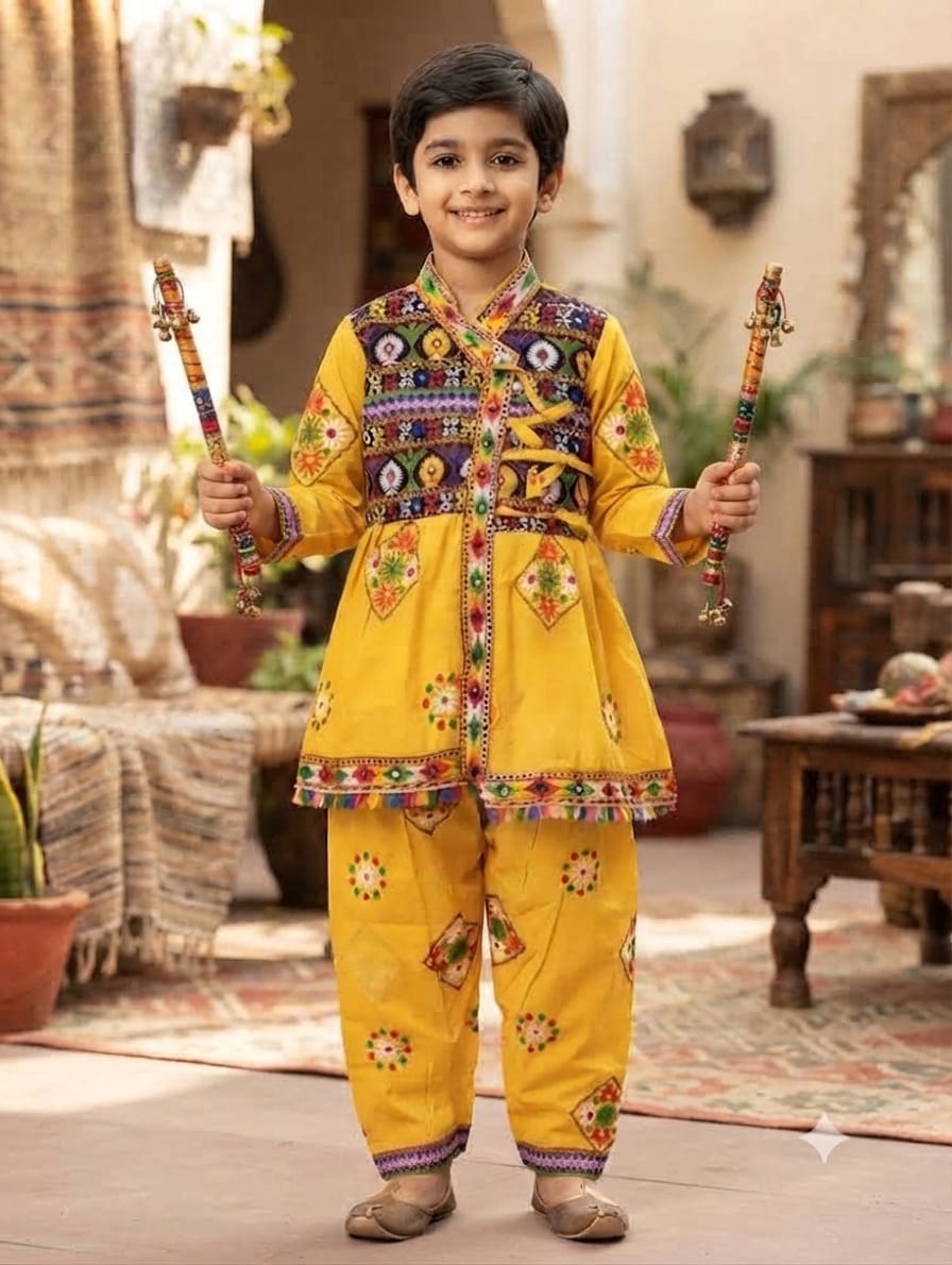 Traditional Yellow Gujarati Kedia Dress for Boys