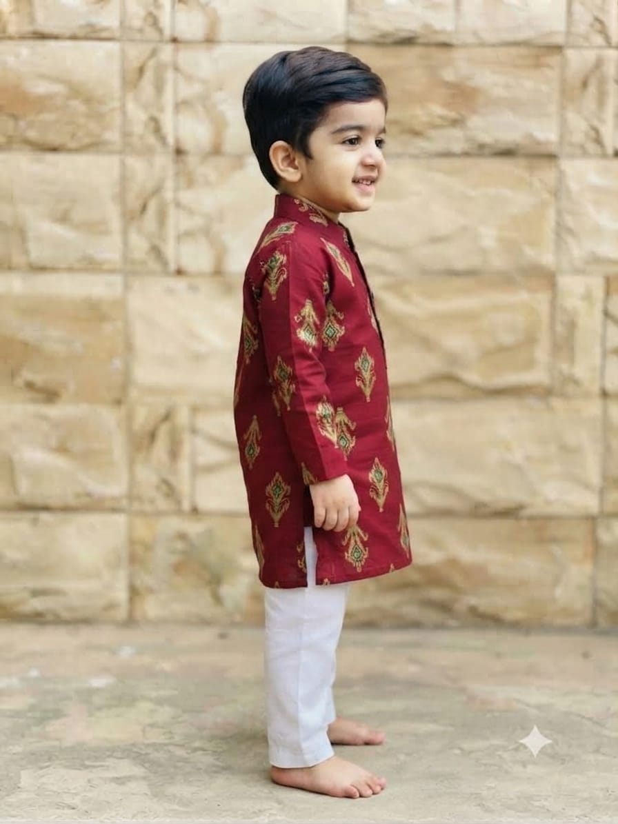 Cotton Printed Maroon 2-Piece Kurta Set for Boys